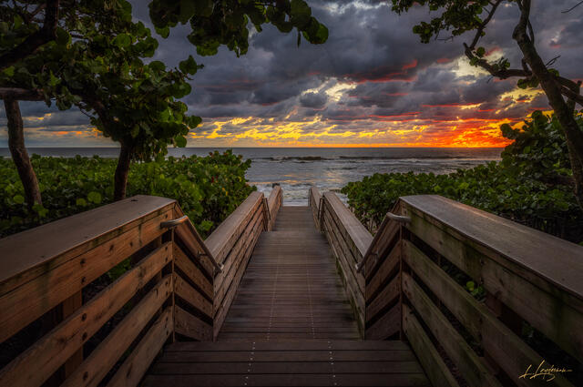 Sunrise walkway to Juno Beach with dramatic clouds.